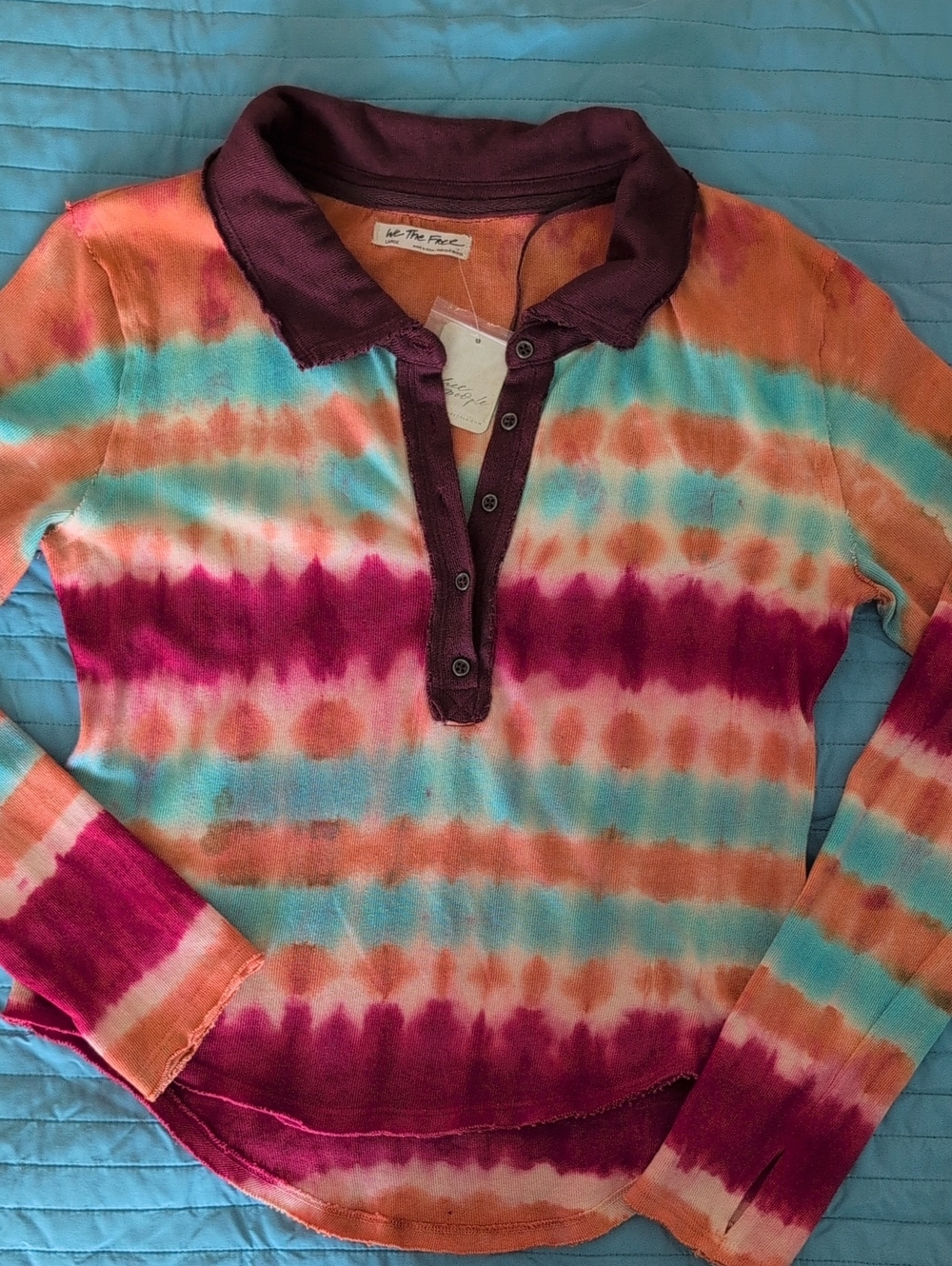 NWT We The Free People Long Sleeve Tie-Dye Henley Polo Top Size L
